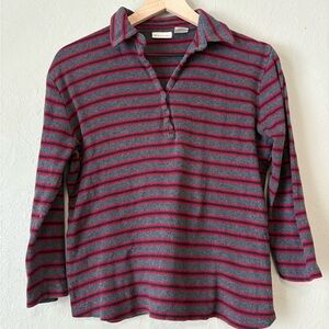 St. John’s Bay Striped Ribbed Henley Top Medium Gray Red